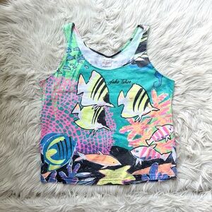Vintage 80s Cotton USA Lake Tahoe Fish Coastal All Over Print Tank Top Shirt L